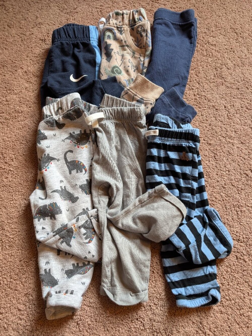 Lot! 6 Boys pants various sizes 6m-12m Dino tree snail mushroom blue gray brown